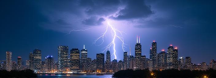 Dramatic lightning storm over the Toronto downtown skyline at dusk