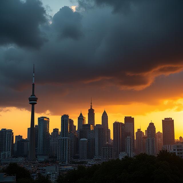 Toronto skyline under dramatic storm clouds and golden hour light